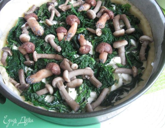 Затем — слой шпината, опята и грибы из теста. Поставить киш в духовку на 35-40 минут. Через 30 минут проверьте его.