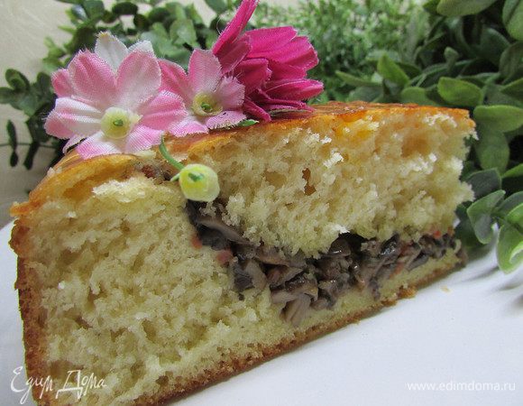 А вот кусочек закрытого пирога из этого же теста. Тесто по консистенции — хорошая домашняя сметана (для этого пирога не надо ещё добавлять муки). Хорошо смажьте форму маргарином. Выложите большую часть теста в форму и ложкой растяните тесто по дну формы (можно это сделать мокрыми руками), захватывая бортики формы. Оставьте тесто подходить 20 минут. Затем выложите ровным слоем начинку (здесь у меня жаренные шампиньоны, а ещё очень вкусно с капустой и рыбой). На начинку выложите остальную часть теста. Мокрыми руками тесто растяните по всей поверхности пирога, защипните хорошо края пирога (не бойтесь работать с тестом). Оставьте подходить еще на 10 минут. Затем смажьте верх пирога желтком и отправляйте в духовку.
Приятного аппетита!