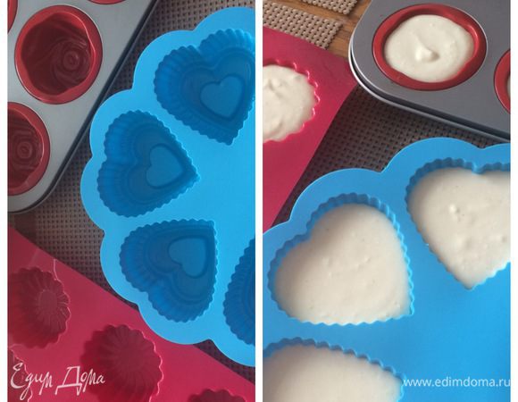 Я решила не печь запеканку в одной большой форме, а в силиконовых порционных формах. 
Ложкой аккуратно выкладываем в формочки тесто. У меня теста хватило ровно на 3 формы по 6 штучек. 
Выпекаем творожник в разогретой до 180°С духовке. Мои творожнички выпекались 20 минут. 
Если выпекать запеканку целиком используем форму диаметром 20 см и выпекаем минут 30-40 в зависимости от духовки.