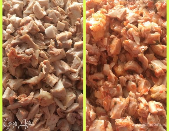 Остывшее мясо снимаем с кости, очищаем от кожицы и нарезаем кубиком. Смешиваем с соусом.