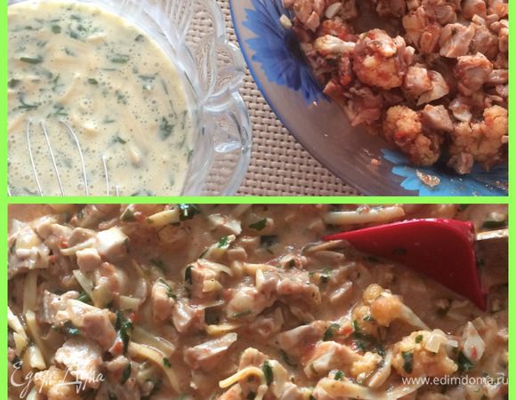 Полученную яичную смесь смешиваем с мясным соусом. Получилась начинка для нашего пирога.