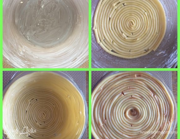 Подготовим форму, в которой будем запекать наш Тимбалло, обильно смазав сливочным маслом. У меня круглая огнеупорная форма, расширяющаяся кверху ёмкостью 1,5 л. 
Теперь начинается самое сложное (во всяком случае для меня). Укладываем одну макаронину за другой в один слой, начиная от центра, по спирали, так, чтобы покрыть все дно и стенки формы. Скажу, было нелегко, но я не сдалась и у меня получилось. 
Убедитесь что нет пустот. 
Выкладываем всю нашу начинку. У меня все до последней капли поместилось. Сверху я уложила еще слой макарон, хотя это не обязательно, но я сварила слишком много макарон, в ингредиентах уже уменьшила количество.
Выпекаем пирог/запеканку в разогретой до 180 градусов духовке около часа, следите за духовкой, в моем случае достаточно было 45 минут.