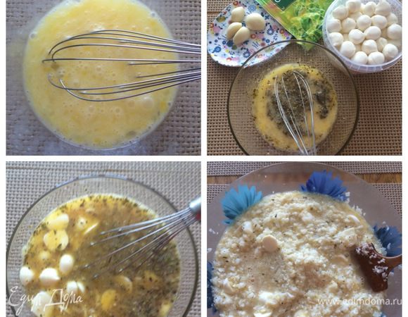 В миске взбиваем яйца, солим перчим по вкусу, добавляем измельченный чеснок, сушенный орегано, тщательно взбиваем. В конце добавляем сыр моцарелла, чуть больше половины, остальную часть оставляем и добавим в самом конце выпечки. 
