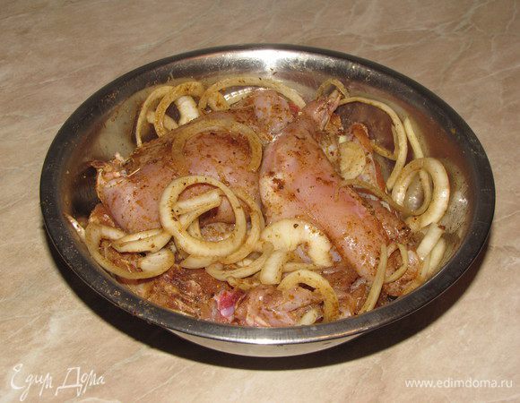 Разделать кролика на порционные кусочки. Лук нарезать кольцами. Выложить в миску, добавить 1 ст. л. с горкой приправы для шашлыка и хорошо помять руками. Если нужно добавить соль (у меня соль входила в состав приправы).