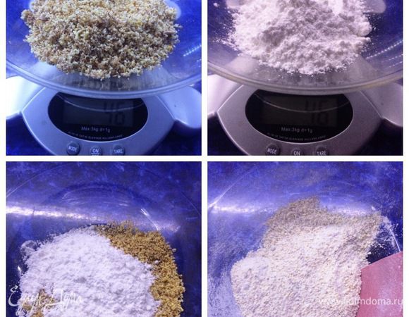 Готовим шоколадный бисквит: 

Разогреваем духовку до 200°C.
Подготовим противень для выпечки бисквита, смазав его маслом и застелив пекарской бумагой.
Вместо миндальной муки я смолола миндаль. Смешиваем миндальную муку с сахарной пудрой. 