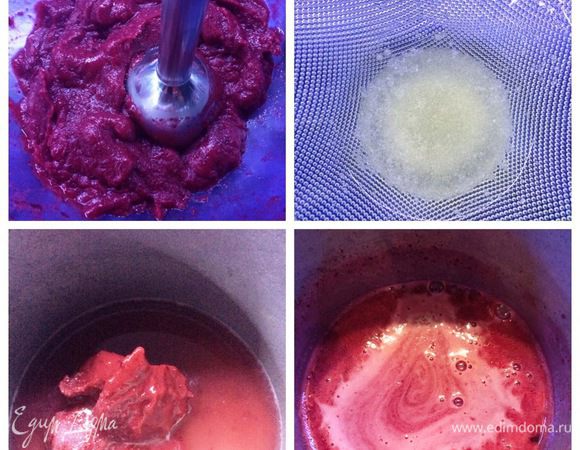 Вишневое желе:

Вишневое пюре я готовила из замороженной вишни. 
Желатин для набухания замачиваем на несколько минут в холодной воде. 
Наливаем в сотейник воду, добавляем сахар и вишнёвое пюре. 
Доводим смесь до кипения. 
Снимаем с огня и добавляем набухший желатин.
Перемешиваем до полного его растворения. Остужаем. 