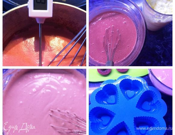 Затем выливаем всё в сотейник, ставим на маленький огонь и, постоянно мешая, доводим смесь до 85°С. 
Снимаем с огня, добавляем набухший желатин, размешиваем до полного его растворения. 
Полученную массу остужаем. 
Сливки взбиваем до устойчивой пышной пены и постепенно соединяем с остывшим вишнёвым кремом.