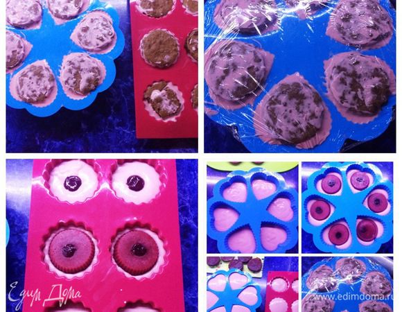 Заканчиваем конструкцию пропитанным бисквитом, который выкладываем поверх мусса в формочки.
Формы накрываем пищевой плёнкой и убираем в морозилку на несколько часов.
Как видно на фото, 4 пирожных у меня без вишневого желе, т.к. хватило только на 8 штук. Я просто положила вишню, чтобы использовать весь мусс и сделать больше пирожных.