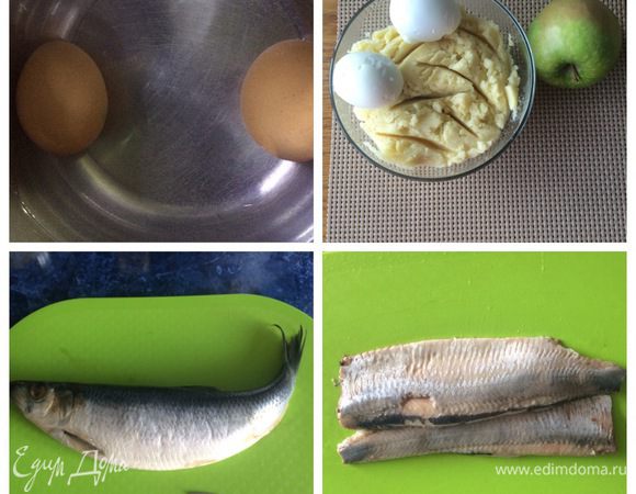 Варим вкрутую 2 яйца, чистим. 
Чистим сельдь от внутренностей, снимаем пленку, удаляем косточки.