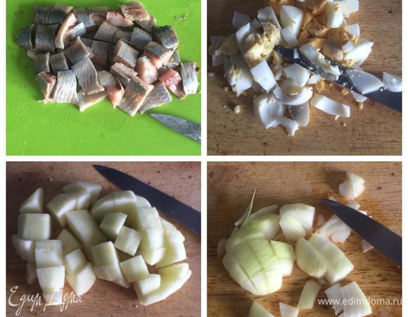 Нарезаем на кусочки сельдь, лук, яблоко, яйца.