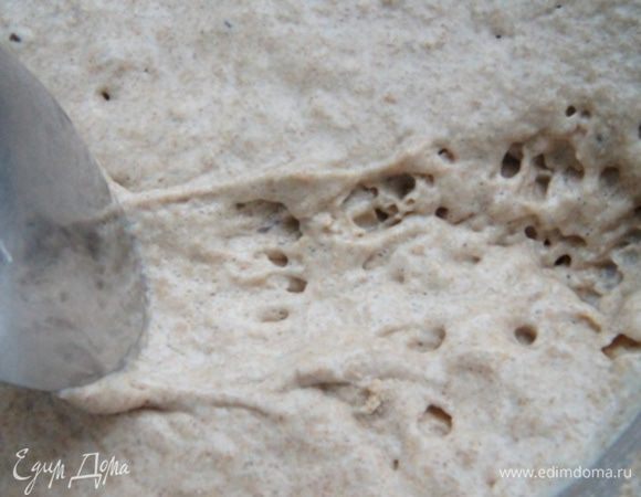 Для начала нужно освежить закваску. Достать из холодильника, а когда она станет комнатной температуры, добавить ржаную муку и воду (100 грамм муки и 100 мл воды) Перемешиваю и оставляю на ночь. Утром убираю 2 ложки опять в холодильник, остальное использую. Если вы работаете с закваской, то освежайте так, как вы это делаете всегда. Вот так у меня выглядит освеженная закваска.
