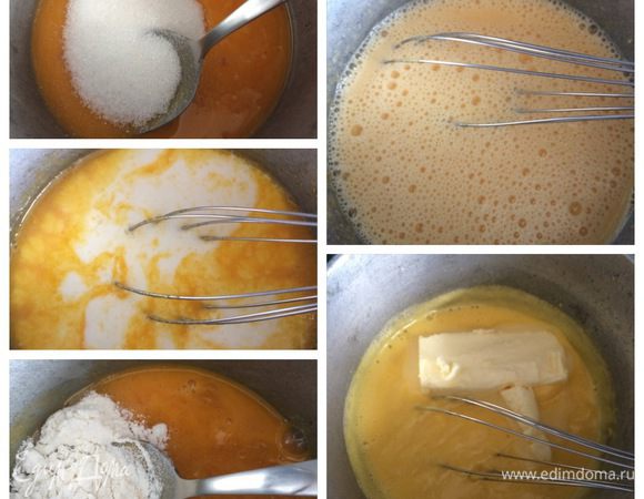 Желтки смешиваем с 1,5 столовыми ложками сахара, добавляем ложечку муки, опять тщательно смешиваем. Наливаем молоко, мешаем и ставим на газ. При постоянном помешивании доводим смесь до кипения. Выключаем газ и добавляем грамм 20 сливочного масла. Оставляем крем остывать.