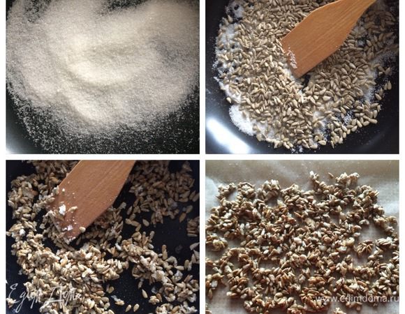 В сковороду насыпаем 2 ложки сахара, добавляем семечки подсолнуха. Постоянно помешивая, карамелизируем семечки. Снимаем с огня и выкладываем на пергамент, предварительно смазанный растительным маслом до полного остывания.