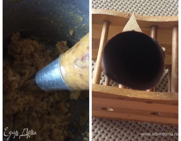 Начинку выкладываем в кондитерский мешок и начиняем конусы. Отправляем конфеты на 15 минут в холодильник. 
Для удобства, я воспользовалась подставкой от деревянных ложек.