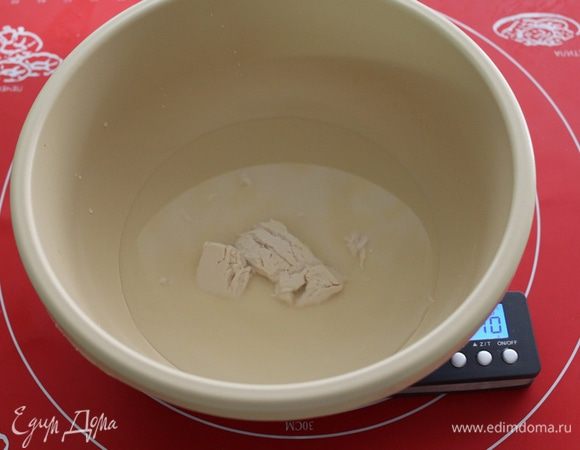 Размешайте в теплой воде сахар и дрожжи.