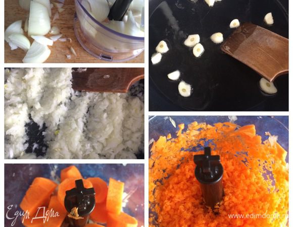 Готовим мясную начинку.
Все очень приблизительно, как говорится на глаз.
Для начала на сковородку с растительным маслом отправим две дольки чеснока, немного обжарим. Вынимаем и выбрасываем. 
Туда же отправляем нарезанный лук, я воспользовалась блендером (чтобы дети не ковыряли лук, морковку, болгарский перец), обжариваем и добавляем тертую морковку.