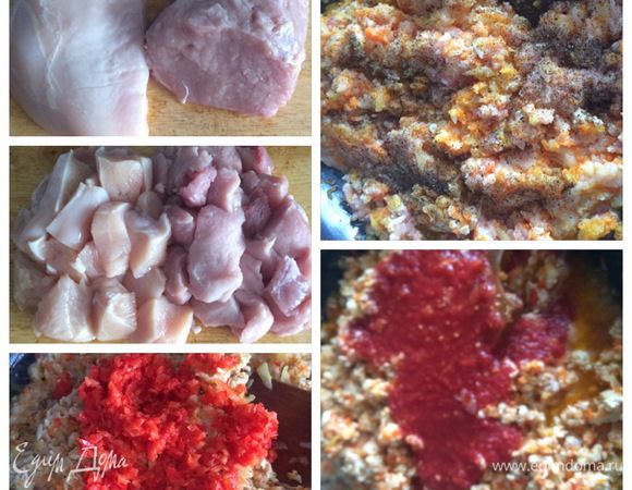 Пока жарим лук с морковкой, измельчаем мясо (также воспользовалась блендером, чтобы не мыть еще и мясорубку). Отправляем в сковородку и обжариваем вместе с луком. Мешаем, как бы разбивая мясо лопаткой, чтобы не было больших комков мяса. Солим, перчим по вкусу. Добавляем нарезанный болгарский перец, тушим еще минут 5.
Затем добавляем томатное пюре (у меня домашняя заготовка). 