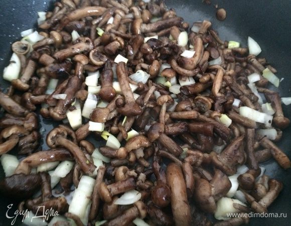 Грибы промыть, отварить 5 минут, воду слить.
Лук мелко нарезать, обжарить на растительном масле, добавить грибы.
