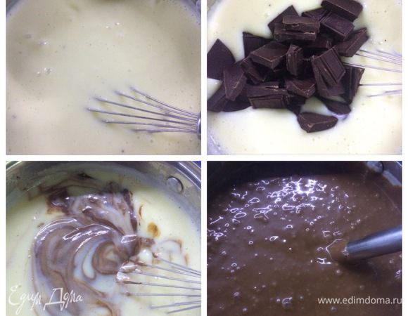 Снимаем с огня крем и вводим в него поломанный шоколад. 
Все тщательно размешиваем, затем взбиваем блендером.  
Накрываем наш крем пищевой пленкой, чтобы не образовалась корочка и оставляем остужаться. 