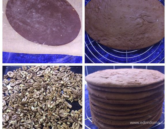 Отрезаем по кусочку тесто и раскатываем до нужного нам диаметра. У меня был овальный торт, поэтому я вырезала коржи по овальной форме.
Раскатывала сразу на пергаменте, на котором выпекала. Мне так было проще.
Выпекаем коржи в разогретой до 175-180°C духовке минут 5-7 (следим за своей духовкой). Пока выпекаем один, можно успеть раскатать другой корж и процесс движется очень быстро, на мой взгляд. У меня получилось 10 коржей.
В торте используется грецкий орех, поэтому его необходимо просушить в духовке, так вкуснее. 