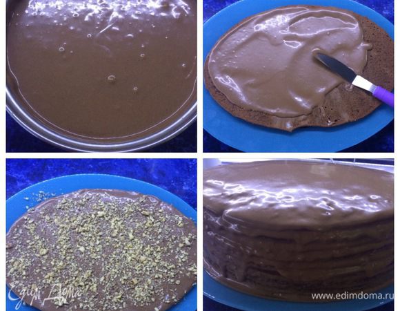 Объединяем взбитое масло со сгущенкой с остывшим шоколадно-заварным кремом.
Начинаем собирать торт. Каждый корж обильно смазываем кремом, не жалеем, его много и посыпаем измельченным грецким орехом на свой вкус.
И так поступаем со всеми коржами.