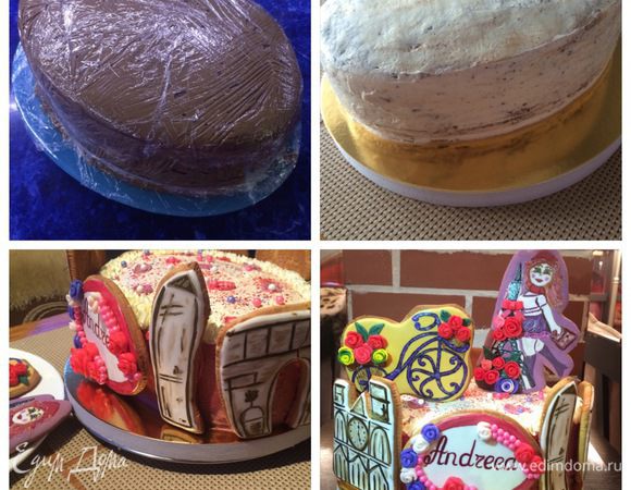 Теперь торт необходимо охладить и оставить его на пропитку ( у меня на ночь). Я обмотала его пищевой пленкой и убрала в холодильник.
Мне нужно было украсить торт по особенному. Поэтому я выбрала украшение пряниками, которые я заранее испекла и разрисовала вот в такой тематике.
Для упрощения процесса, просто для домашнего чаепития торт можно просто обсыпать орехами, а сверху украсить свежими ягодами, фруктами, на свое усмотрение.