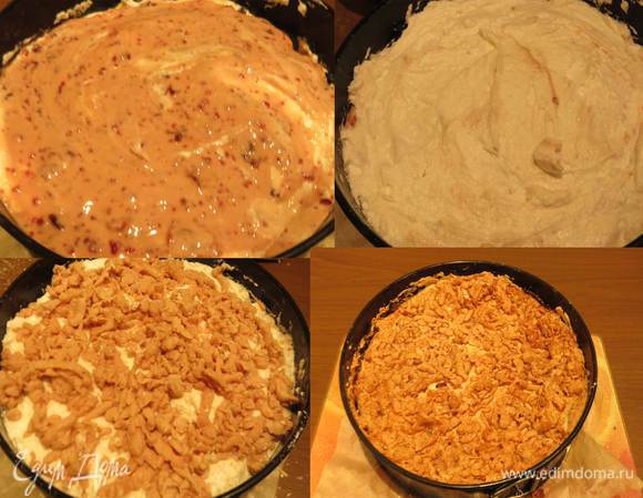 На слой безе выкладываем часть смеси с вареньем. На цветной слой с вареньем выкладываем оставшиеся белки. Делаем лохматость — остатки теста с вареньем делаем более плотными, добавляем 20 г сахара (можно и слаще) и 50 г муки и натираем тесто на терке. Выпекаем 30 минут при 190°С, уменьшаем температуру до 150°С еще 15 минут, еще раз уменьшаем до 100°С и выпекаем 10-15 минут. Даем торту остыть.