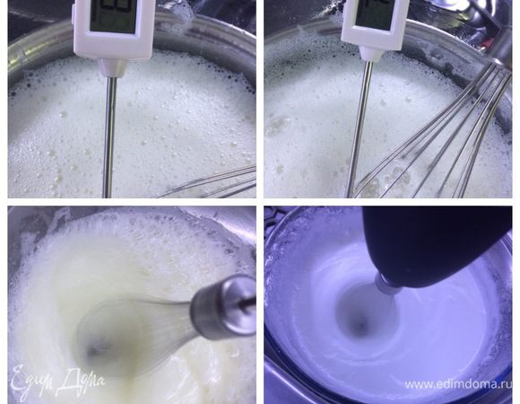 Я попыталась на фото показать, как поднимается температура. Не забываем постоянно мешать. Как только температура достигла 72°C, тут же снимаем миску с "бани" и начинаем взбивать наши белки. 
Продолжаем взбивать, пока смесь не станет пушистой и блестящей, и полностью прохладной. Это занимает порядка 10 минут.