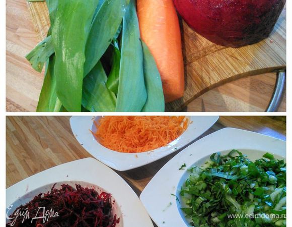 Овощи натереть на крупной терке и по отдельности распределить по мискам, посолить. 

* заменила редиску свеклой, а цукини огурцом и пучком черемши. Овощи могут быть самые разнообразные, желательно не слишком водянистые, но  главное выдержать цветовую гамму. 