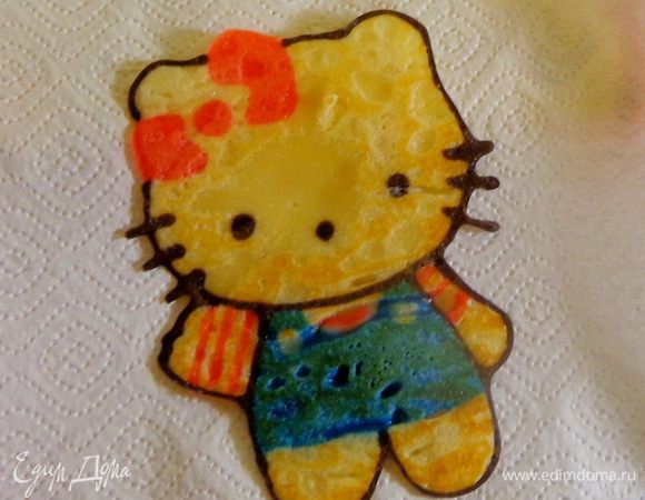 Такая Китти.
Если вдруг на блине появятся "кратеры", можно заполнить их оставшимся тестом прямо во время запекания. 