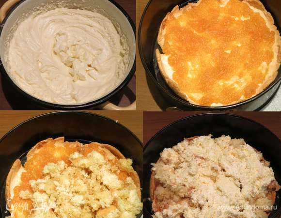 Готовим крем по инструкции на упаковке, добавляем сладость при необходимости, я добавила 1 ст. л. пудры. Предпочитаю делать крем с пудрой, так получается более воздушная текстура. Этот крем можно заменить домашним на 300-350 г сливок, 100-150 г пудры сахарной и немного ванили, сбиваем на малых оборотах.
Достаем корж с мармеладом, даем остыть
Выкладываем часть бисквита.
На бисквит крем.