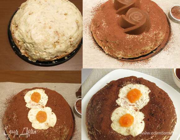 Выкладываем оставшийся бисквит и крем, формируем торт.
Украшаем: кладем формочки на торт и посыпаем его какао, снимаем формы, получается рисунок, выкладываем мармелад. 
Даем торту пропитаться. приятного аппетита!