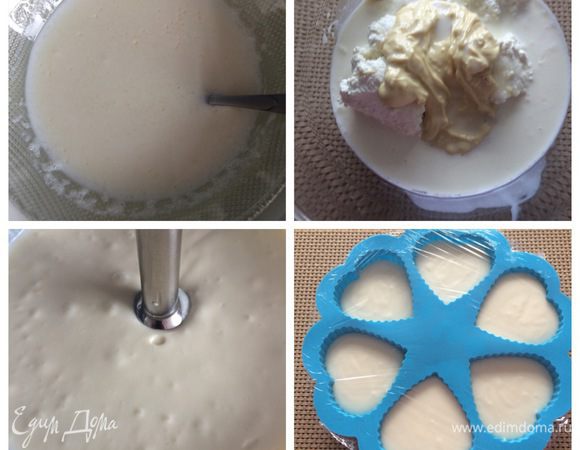 Набухший желатин ставим на водяную баню и даем ему полностью раствориться, не доводим до кипения.
Соединяем в миске творог, сливки, сахар, растопленный шоколад и подготовленный желатин. 
Взбиваем массу блендером до гладкой консистенции. 
Разливаем в имеющиеся силиконовые формочки. Накрываем пищевой пленкой и отправляем в холодильник до полного застывания, минимум 2 часа.