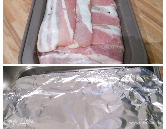 Прямоугольную форму для запекания выстрелить ломтиками бекона в нахлест, оставляя свисать свободные края бекона. Выложить фарш и накрыть его кончиками бекона сверху. В большую емкость налить воды, поместить в нее  форму с террином и выпекать на водяной бане в заранее разогретой до 200°С духовке приблизительно 1 часа 20 минут, предварительно накрыв террин фольгой. 