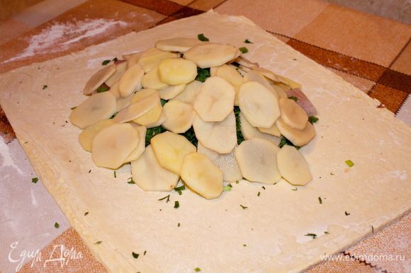 Аккуратно выкладываем кружочки картофеля и слегка солим.
