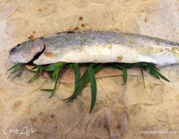 Форель тщательно вымыть, почистить и хорошо обсушить бумажным полотенцем. Каждую рыбку посолить, поперчить, сбрызнуть соком лимона, в брюшко положить тархун, уложить на лист лаваша и полить оливковым маслом. Лаваш хорошо завернуть.

