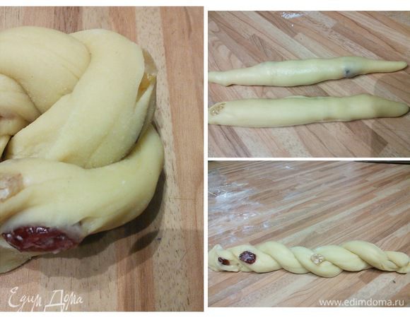 Скрутить косички, каждую по два жгута. Косички сложить вдвое и скрепить концы. 