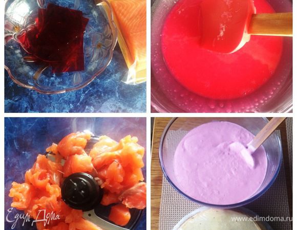 Замачиваем желатин, у меня был листовой, причем цветной, который в итоге придал приятный розовый (девчачий) цвет тортику.
Желатин распускаем на водяной бане, но ни в коем случае не кипятим.
Рыбу (у меня слабосоленая семга) очищаем от кожи, режем на кусочки. Я оставила три тонкие пластины для украшения.
Укладываем в чашу блендера, измельчаем. Добавляем туда же сливочный сыр (у меня Филадельфия), сметану, чеснок, лимонный сок, хорошо пробиваем блендером. 
Остывший желатин наливаем в чашу блендера, перемешиваем. Мусс готов. 
