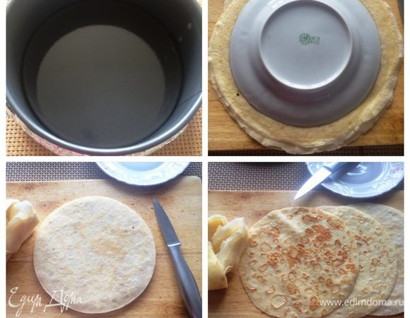 Собираем торт.
Разъемную форму (20 см) снаружи проложила фольгой, чтобы избежать протекания.
Блины у меня больше по диаметру, я их обрезала под размер формы.