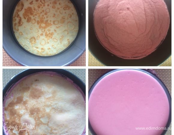 Укладываем на дно блинчик, покрываем его полностью муссом.
Так поступаем со всеми блинами, пока не закончится мусс.
Для того, чтобы верх торта был идеально ровным мне пришлось последнюю порцию мусса немного нагреть, чтобы мусс был более жидким и ровно лег на последний блин (уже мусс начинал схватываться).
Накрываем пищевой пленкой и отправляем в холодильник до полного застывания минимум на 4 часа, у меня ночь. 