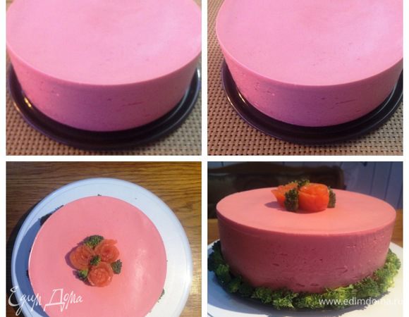 Чтобы вынуть торт аккуратно из формы я просто прошлась снаружи горячим феном, все получилось.
Украшаем по своему желанию.
У меня розочки из рыбы и немного брокколи.
Вот такой тортик.  