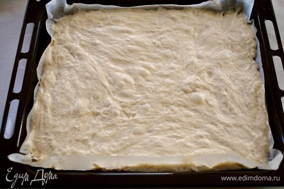 Выкладываем тесто на противень (36х30 см), застеленный пергаментом или обильно смазанный растительным маслом. Распределяем его по всей поверхности, постоянно смачивая руки водой. Даем тесту отдохнуть 1 час.