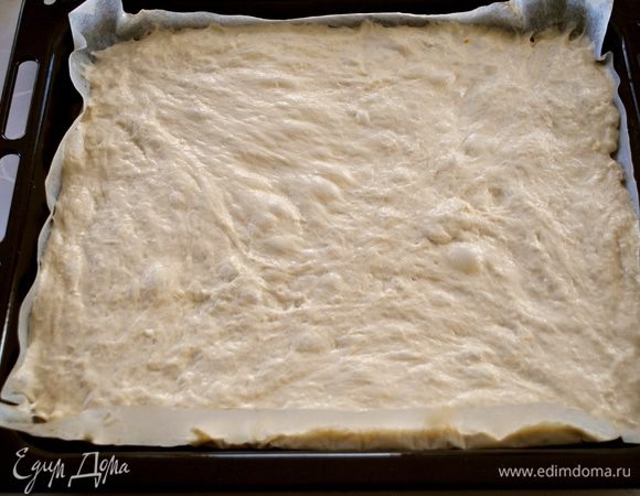 Выкладываем тесто на противень (36х30 см), застеленный пергаментом или обильно смазанный растительным маслом. Распределяем его по всей поверхности, постоянно смачивая руки водой. Даем тесту отдохнуть 1 час.