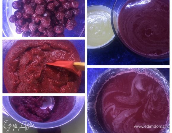 Первым делом займемся вишневым желе.
Вишню разморозить. Пробить блендером до состояния пюре. Протереть через сито, добавить сахар, размешать.
Желатин замочить в воде, затем распустить на водяной бане, не кипятить.
Соединить протертую вишню с остывшим желатином.
Перелить в форму диаметром 20-22 см. 
Я сразу сделала это в разъемной форме, застеленной пленкой. Но результат меня разочаровал и я переделывала. Поэтому советую, делать либо в силиконовой форме (у меня нет такого размера), либо как я сделала в стеклянной. Фото забыла сделать, разочаровавшись, что надо переделывать, а время поджимало. Отправляем застывать желе в холодильник.