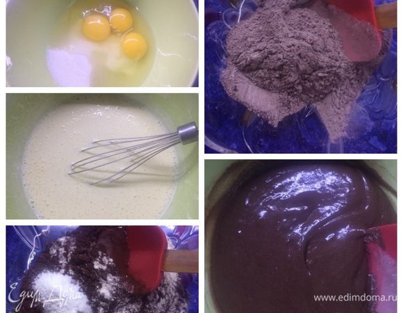 Займемся бисквитом. Разогреваем духовку до 180°C.
Взбиваем яйца с сахаром до пышности. 
В отдельной миске просеиваем, разрыхлитель и какао, смешиваем.
Соединяем просеянную муку с яичной смесью. 