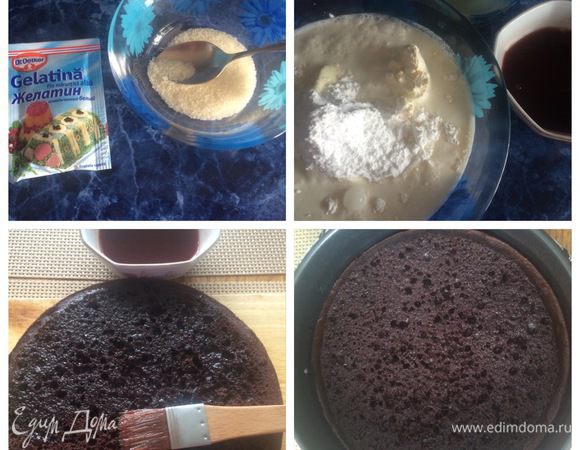 Готовим мусс из маскарпоне. 
Замочить желатин. Распустить на водяной бане, не кипятить, остужаем.
Взбиваем маскарпоне, сливки с сахарной пудрой на маленькой скорости миксера.
Разделить мусс мысленно на три части.
В 1/3 мусса добавляем 1/3 часть распущенного желатина, смешиваем. Этой частью мы покроем наш корж.
Корж разделить на две части, нам понадобится только одна, самая ровненькая и красивая. 
В мисочке подготовим соус для пропитки коржа. Соединим вишневый джем с горячей водой, размешаем и добавим ложку коньяка. Полученным соусом тщательно пропитаем корж.
Пропитанный корж вернем в форму, в которой он выпекался, в ней и будем собирать наш торт.    