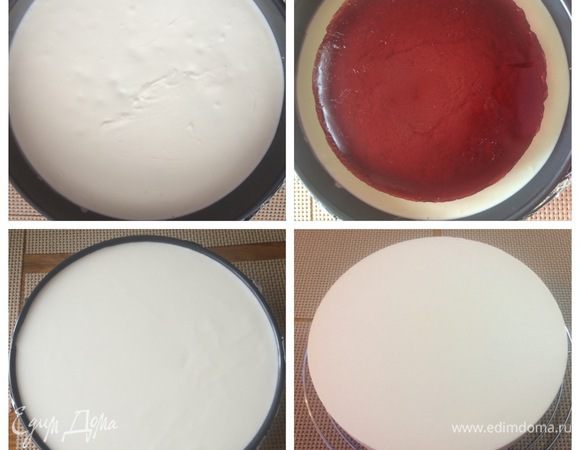 На пропитанный корж, находящийся в форме, выкладываем наш мусс с желатином. Разравниваем и отправляем в холодильник до застывания (я отправила в морозилку, в целях экономии времени).
Пока застывает мусс, займемся желе. Если оно застывало в силиконовой форме, то проблем вообще не будет. Но у меня была стеклянная, нужно было достать его целиком. Для меня это был самый сложный процесс в приготовлении этого торта. Желе нам нужно целиком с ровными краями. 
Я опустила на минуту форму с желе в горячую воду и быстро перевернула. Думала поломаю, но получилось. Теперь еще сложность. Желе перенести в форму с застывшим муссом, для этого аккуратно его приподнять и перенести (как вы понимаете, это сфотографировать я точно не могла).
Соединить оставшийся мусс с желатином, тщательно перемешать и вылить на желе. Хорошо разровнять, и форму несколько раз прокрутить вокруг своей оси, чтобы мусс тщательно распространился по всей форме.
Отправить в холодильник до полного застывания, минимум на 4 часа.
Из формы освободить аккуратно, пройдясь снаружи горячим феном. 
