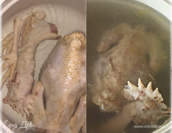 Залить холодной водой и довести до кипения. Я держал на сильном огне пять минут в ожидании появления пены. Не образовалось оной. Петух домашний, разделан, ощипан, вымыт хорошо. И свежий совсем. В общем, не было пены.