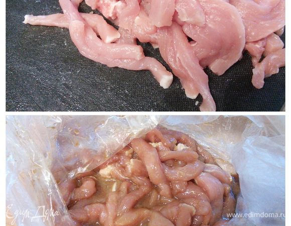 Свинину помыть, очистить от жилок, если они есть, обсушить и порезать на очень тонкие ломтики. Соединить все остальные ингредиенты для маринада и замариновать мясо на 30 мин. 