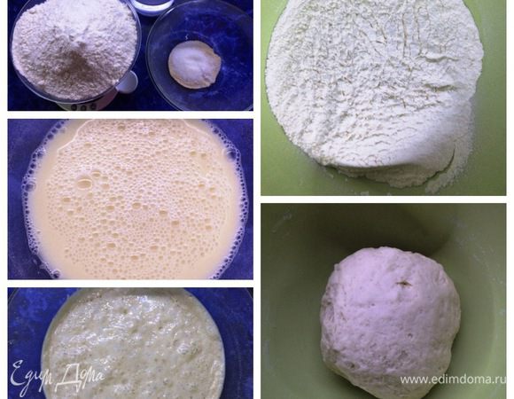 В миску налить теплую воду, добавить сахар, дрожжи и ложку муки. Перемешать и оставить в тепле около 10 минут. 
Затем добавить остальные ингредиенты, замесить тесто, если тесто жидковато, добавить еще муки. Мне понадобилось ровно 350 г. Оставить в теплом месте на 1.5-2 часа. Обмять тесто и приступить к формовке. 